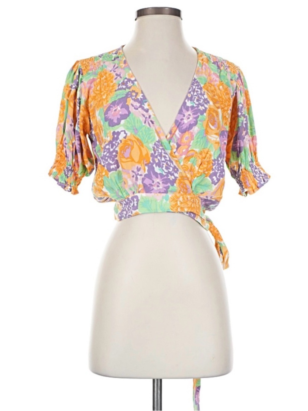 Faithfull the Brand Yellow & Lavender Floral Tie-Front Crop Top